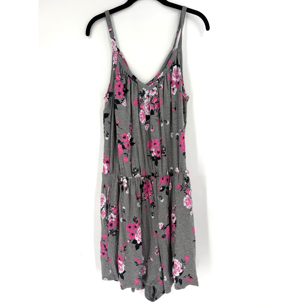 Torrid Romper Womens Large Gray Pink Floral Jersey Knit Stretch Pockets NWT - Picture 2 of 5